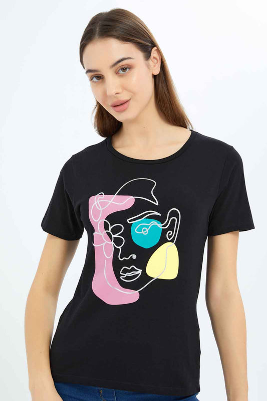 Redtag-Women-Black-Photographic-Print-T-Shirt-Category:T-Shirts,-Colour:Black,-Deals:2-FOR-37,-Deals:New-In,-Dept:Ladieswear,-Filter:Women's-Clothing,-New-In-Women-APL,-Non-Sale,-S23A,-Section:Women,-TBL,-Women-T-Shirts-Women's-