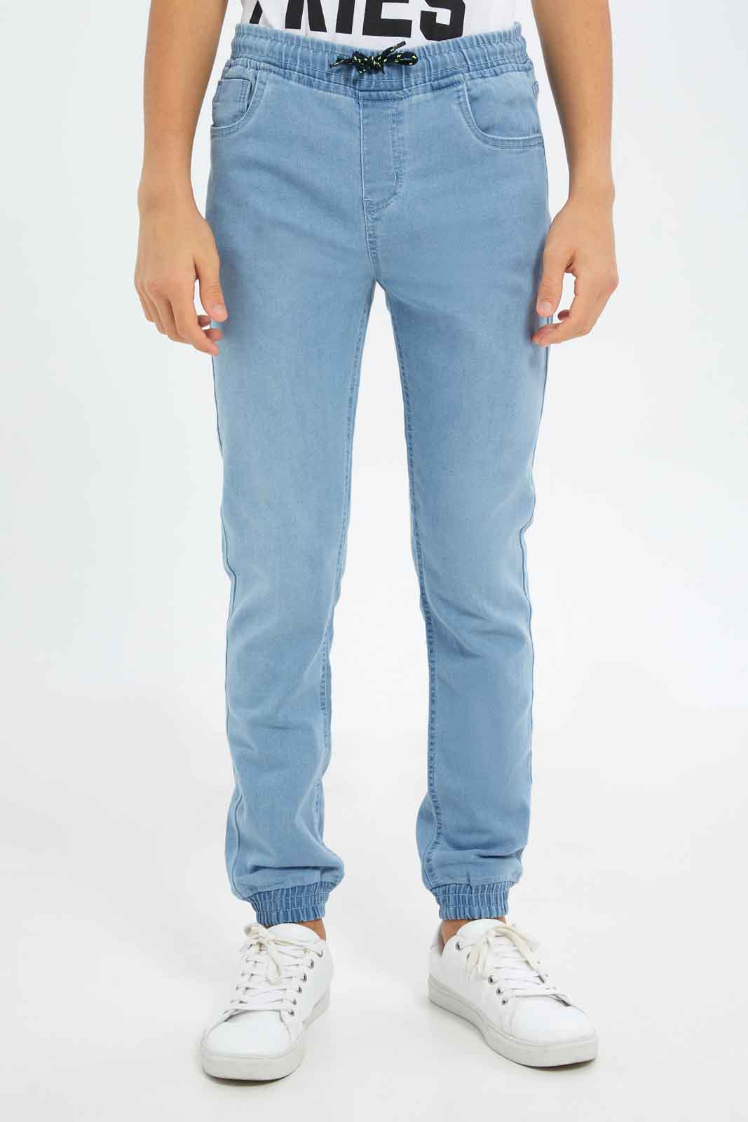 Redtag-Boys-Lt.-Wash-Jogger-Pull-On-Knit-Denim-With-Cuff-BSR-Jeans,-Category:Jeans,-Colour:Light-Wash,-Deals:New-In,-Dept:Boys,-Filter:Senior-Boys-(8-to-14-Yrs),-FIT-WALL-(FTW),-New-In-BSR-APL,-Non-Sale,-S23A,-Section:Boys-(0-to-14Yrs)-Senior-Boys-9 to 14 Years