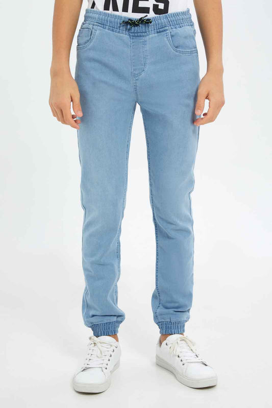 Redtag-Boys-Lt.-Wash-Jogger-Pull-On-Knit-Denim-With-Cuff-BSR-Jeans,-Category:Jeans,-Colour:Light-Wash,-Deals:New-In,-Dept:Boys,-Filter:Senior-Boys-(8-to-14-Yrs),-FIT-WALL-(FTW),-New-In-BSR-APL,-Non-Sale,-S23A,-Section:Boys-(0-to-14Yrs)-Senior-Boys-9 to 14 Years