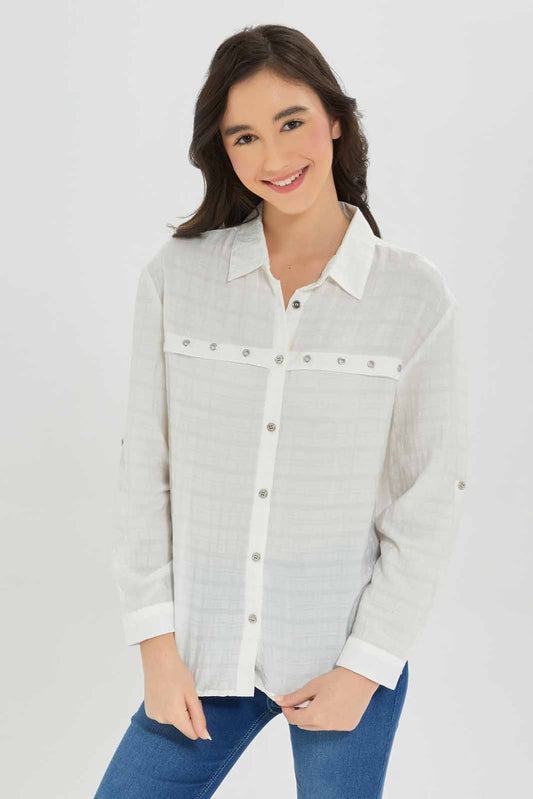 Redtag-Girls-White-Tunic-Shirt-With-Eyelets-Category:Blouses,-Colour:White,-Deals:New-In,-Dept:Girls,-Filter:Senior-Girls-(8-to-14-Yrs),-GSR-Blouses,-New-In-GSR-APL,-Non-Sale,-S23A,-Section:Girls-(0-to-14Yrs)-Senior-Girls-9 to 14 Years
