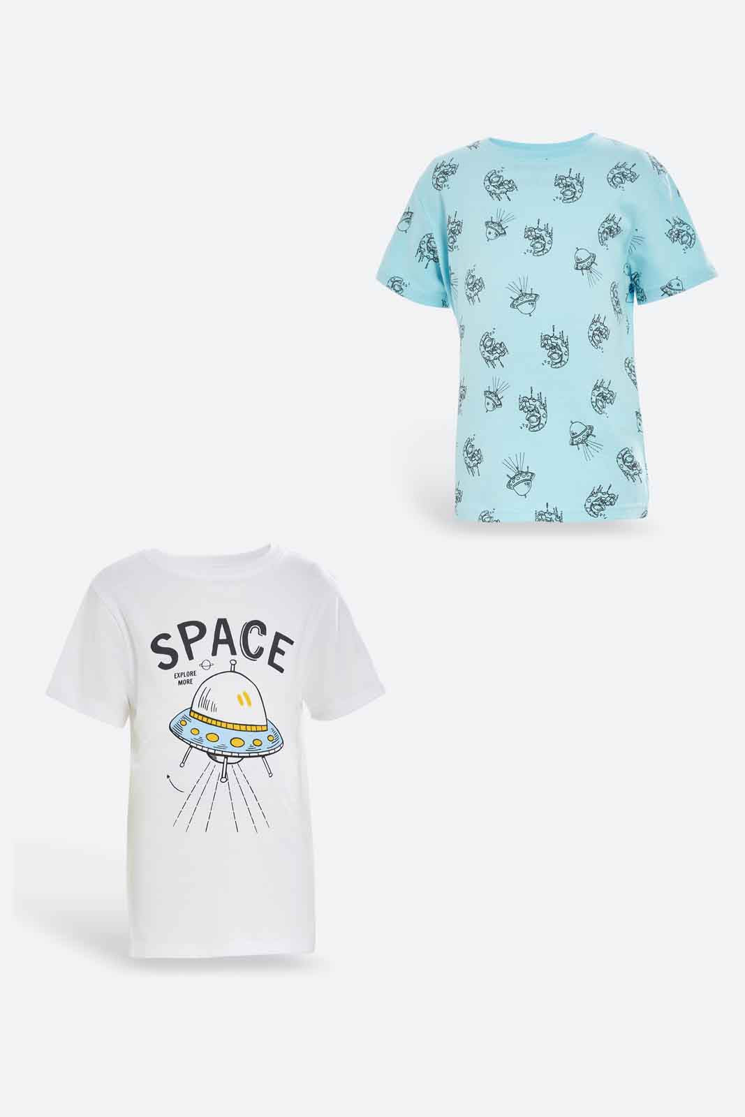 Redtag-Boys-White-Space-2-Piece-Pack-Short-Sleeve-T-Shirt-BOY-T-Shirts,-Category:T-Shirts,-Colour:White,-Deals:New-In,-Dept:Boys,-Filter:Boys-(2-to-8-Yrs),-New-In-BOY-APL,-Non-Sale,-S23A,-Section:Boys-(0-to-14Yrs),-VLM-Boys-2 to 8 Years