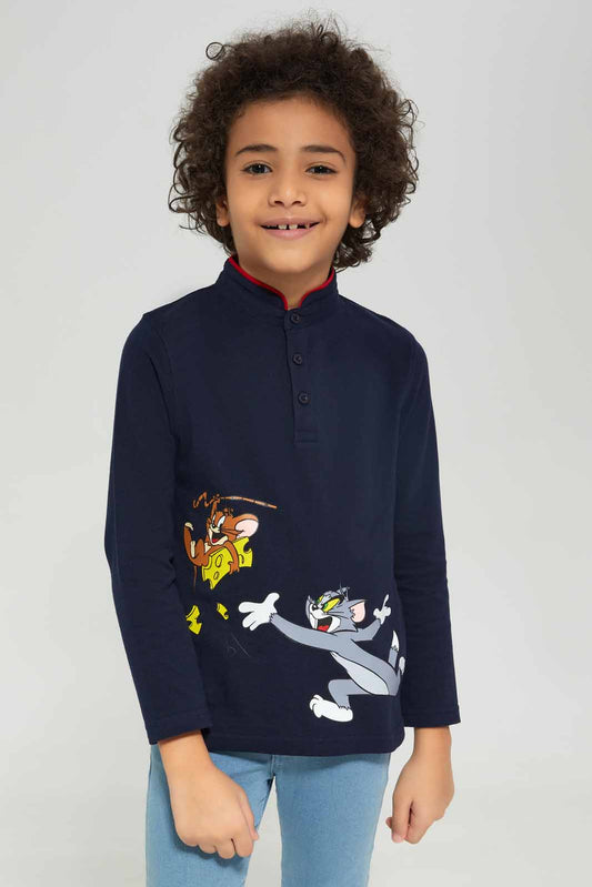 Redtag-Boys-Navy-Tom-And-Jerry-Long-Sleve-Character-Polo-Shirt-BOY-Polo-T-Shirts,-Category:Polo-T-Shirts,-CHA,-Colour:Navy,-Deals:New-In,-Dept:Boys,-Filter:Boys-(2-to-8-Yrs),-New-In-BOY-APL,-Non-Sale,-S23A,-Section:Boys-(0-to-14Yrs),-TBL-Boys-2 to 8 Years