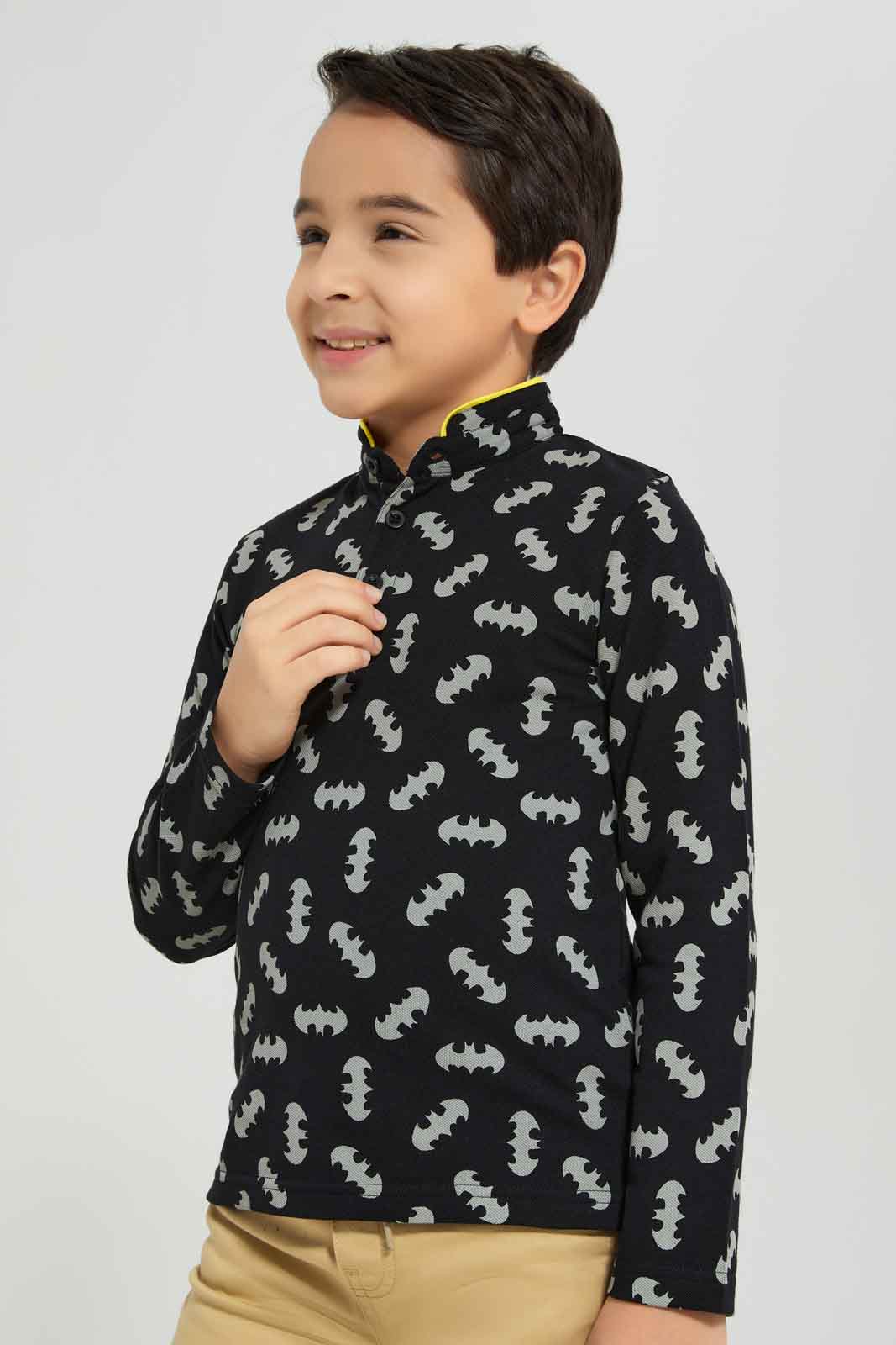 Redtag-Boys-Balck-Long-Sleeve-Batman-Aop-Charater-Polo-Shirt-BOY-Polo-T-Shirts,-Category:Polo-T-Shirts,-CHA,-Colour:Black,-Deals:New-In,-Dept:Boys,-Filter:Boys-(2-to-8-Yrs),-New-In-BOY-APL,-Non-Sale,-S23A,-Section:Boys-(0-to-14Yrs),-TBL-Boys-2 to 8 Years