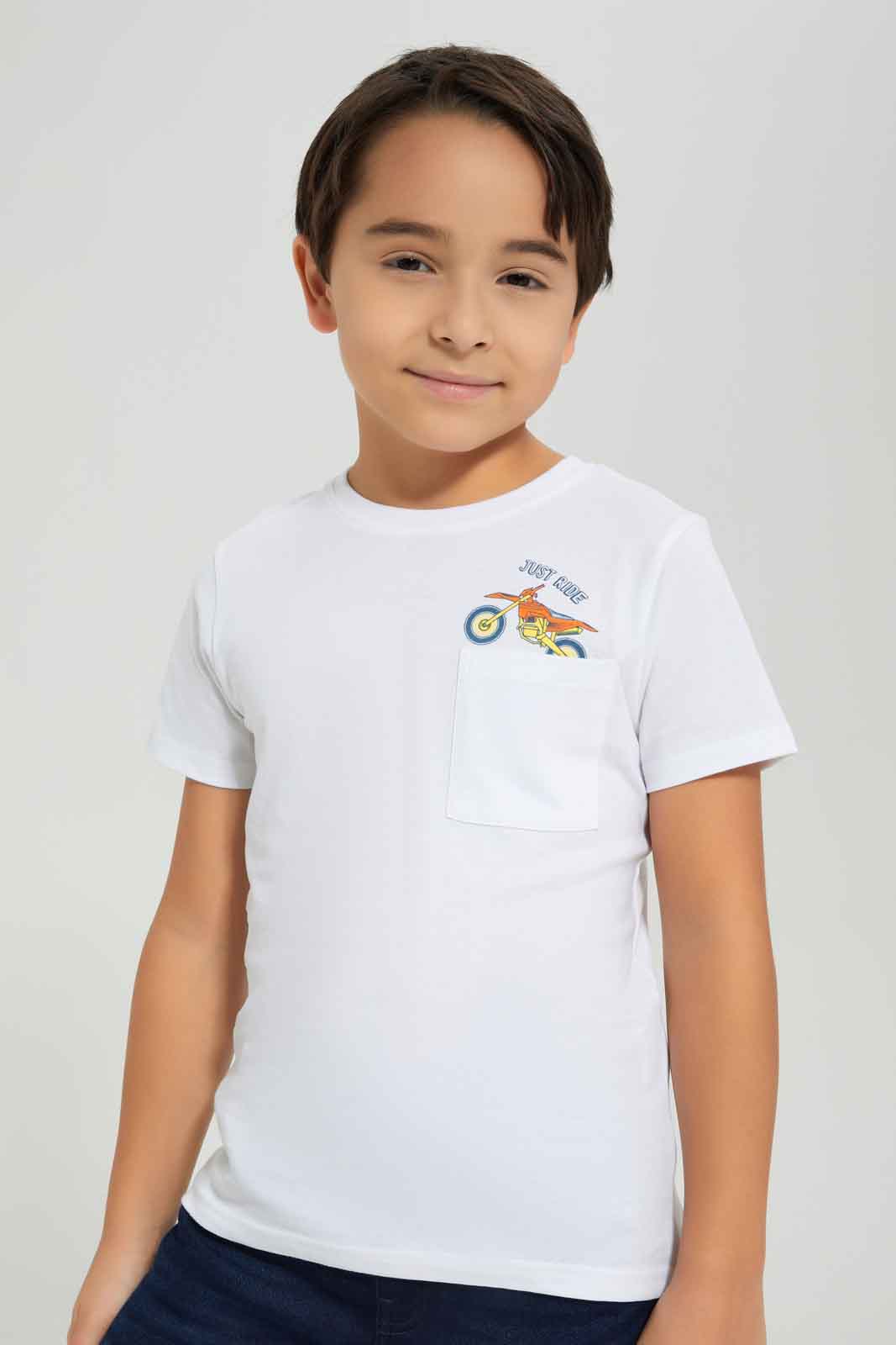 Redtag-Boys-White-Ride-Print-Pocket-Short-Sleeve-T-Shirt-BOY-T-Shirts,-Category:T-Shirts,-Colour:White,-Deals:New-In,-Dept:Boys,-Filter:Boys-(2-to-8-Yrs),-New-In-BOY-APL,-Non-Sale,-S23A,-Section:Boys-(0-to-14Yrs),-TBL-Boys-2 to 8 Years
