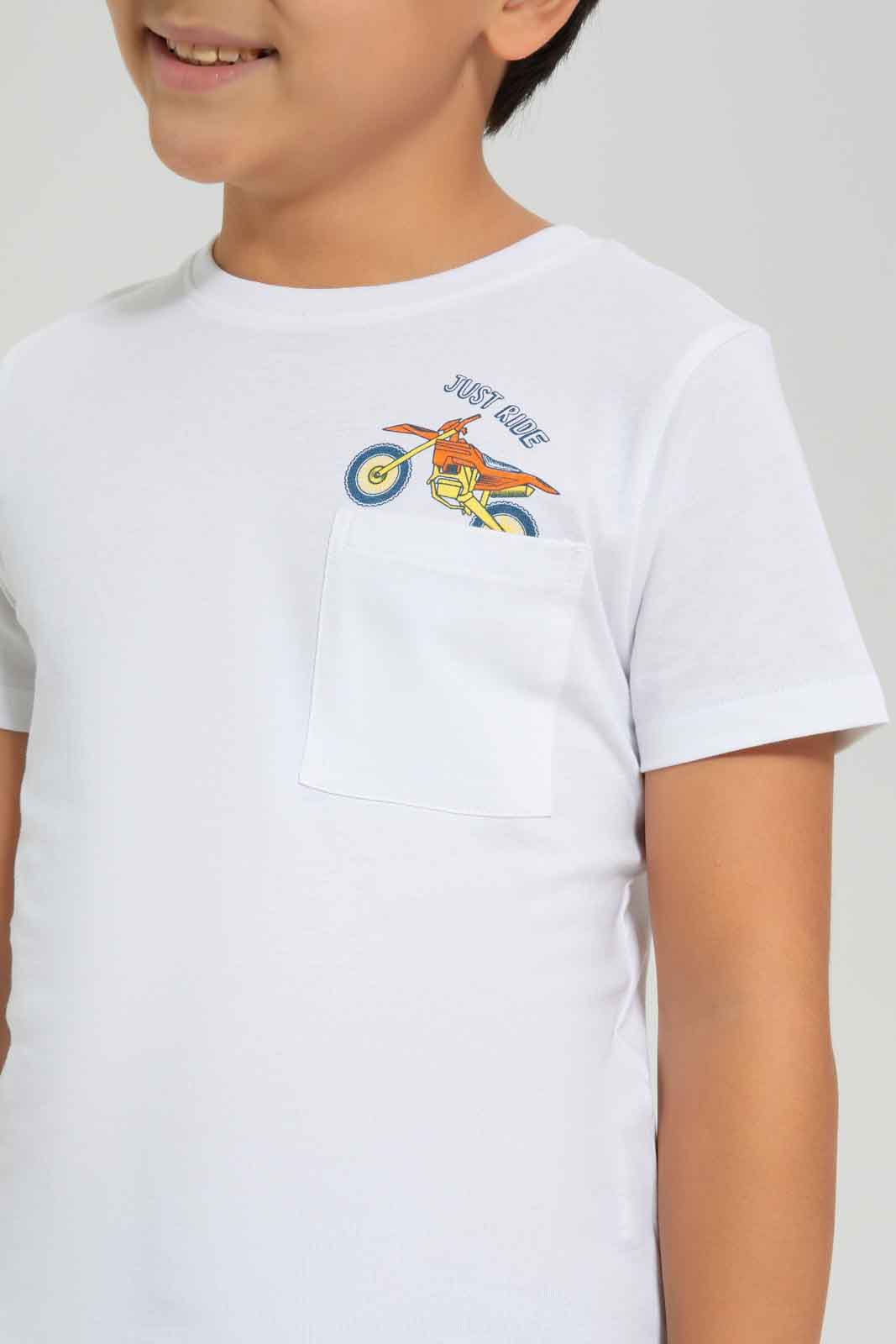 Redtag-Boys-White-Ride-Print-Pocket-Short-Sleeve-T-Shirt-BOY-T-Shirts,-Category:T-Shirts,-Colour:White,-Deals:New-In,-Dept:Boys,-Filter:Boys-(2-to-8-Yrs),-New-In-BOY-APL,-Non-Sale,-S23A,-Section:Boys-(0-to-14Yrs),-TBL-Boys-2 to 8 Years