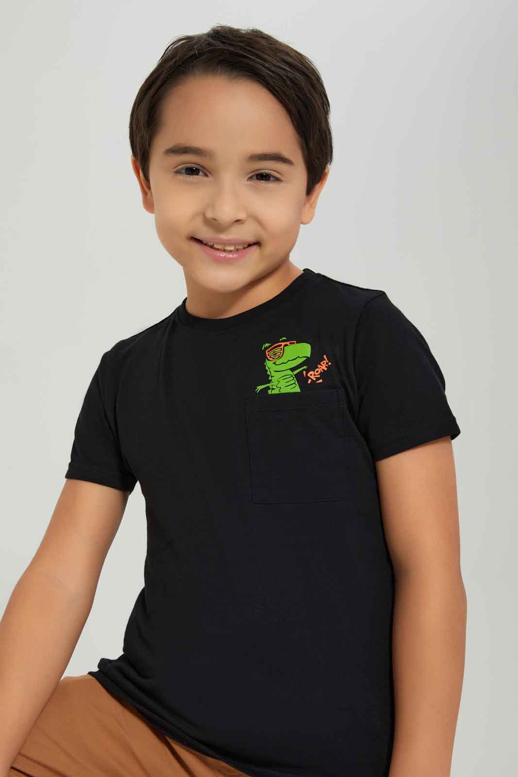 Redtag-Boys-Black-Roar-Print-Pocket-Short-Sleeve-T-Shirt-BOY-T-Shirts,-Category:T-Shirts,-Colour:Black,-Deals:New-In,-Dept:Boys,-Filter:Boys-(2-to-8-Yrs),-New-In-BOY-APL,-Non-Sale,-S23A,-Section:Boys-(0-to-14Yrs),-TBL-Boys-2 to 8 Years