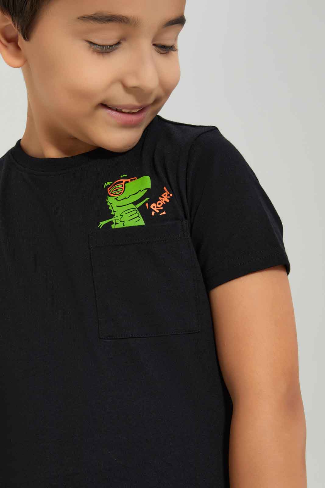 Redtag-Boys-Black-Roar-Print-Pocket-Short-Sleeve-T-Shirt-BOY-T-Shirts,-Category:T-Shirts,-Colour:Black,-Deals:New-In,-Dept:Boys,-Filter:Boys-(2-to-8-Yrs),-New-In-BOY-APL,-Non-Sale,-S23A,-Section:Boys-(0-to-14Yrs),-TBL-Boys-2 to 8 Years