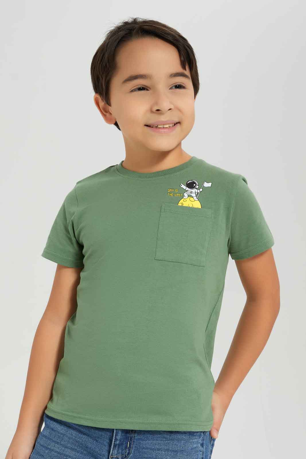 Redtag-Boys-Olive-Space-Print-Pocket-Short-Sleeve-T-Shirt-BOY-T-Shirts,-Category:T-Shirts,-Colour:Olive,-Deals:New-In,-Dept:Boys,-Filter:Boys-(2-to-8-Yrs),-New-In-BOY-APL,-Non-Sale,-S23A,-Section:Boys-(0-to-14Yrs),-TBL-Boys-2 to 8 Years