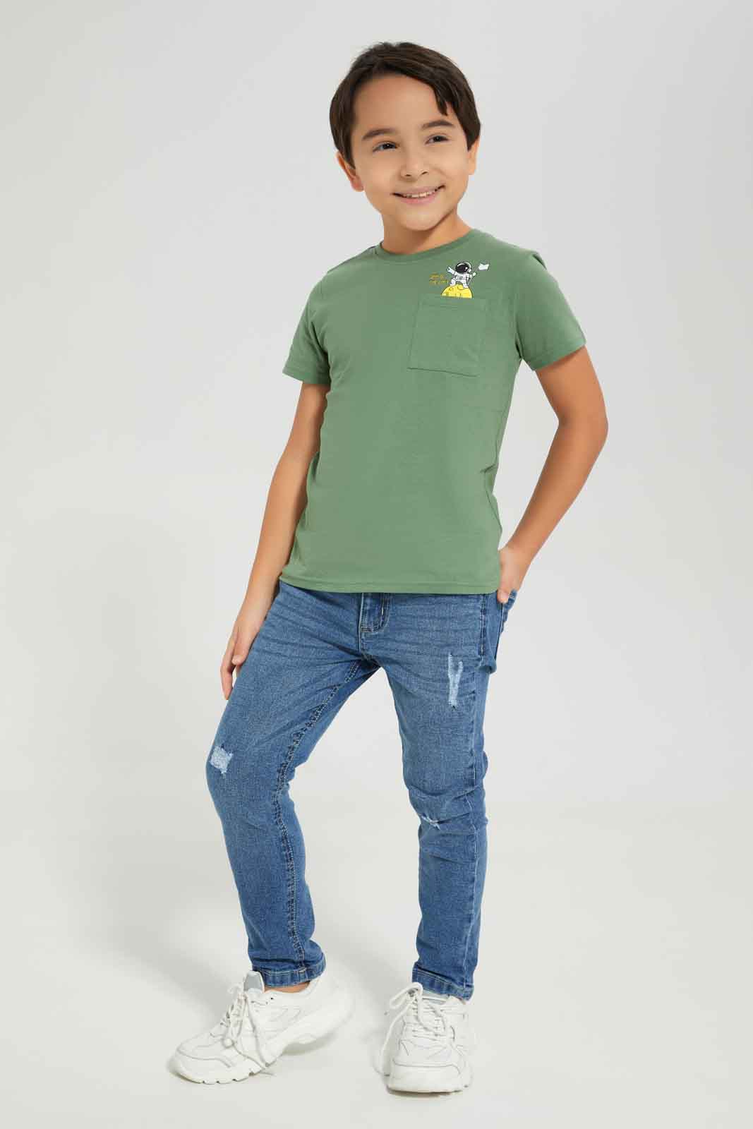 Redtag-Boys-Olive-Space-Print-Pocket-Short-Sleeve-T-Shirt-BOY-T-Shirts,-Category:T-Shirts,-Colour:Olive,-Deals:New-In,-Dept:Boys,-Filter:Boys-(2-to-8-Yrs),-New-In-BOY-APL,-Non-Sale,-S23A,-Section:Boys-(0-to-14Yrs),-TBL-Boys-2 to 8 Years