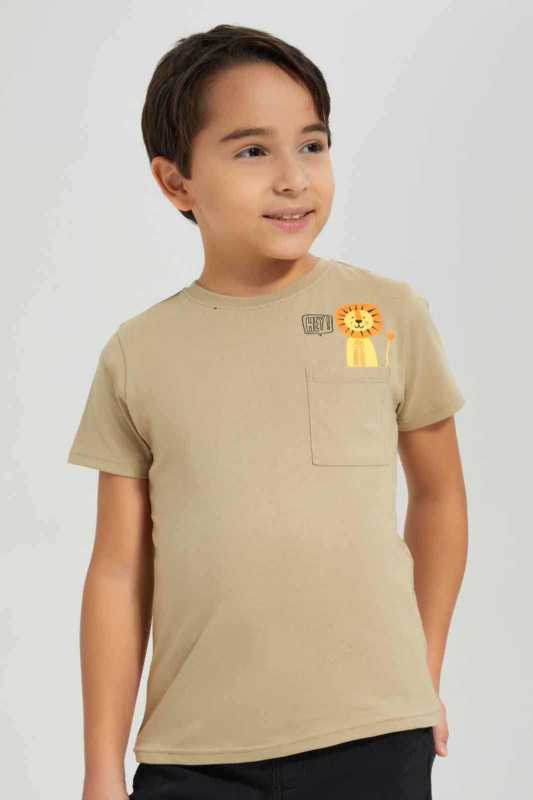 Redtag-Boys-Stone-Lion-Print-Pocket-Short-Sleeve-T-Shirt-BOY-T-Shirts,-Category:T-Shirts,-Colour:Beige,-Deals:New-In,-Dept:Boys,-Filter:Boys-(2-to-8-Yrs),-New-In-BOY-APL,-Non-Sale,-S23A,-Section:Boys-(0-to-14Yrs),-TBL-Boys-2 to 8 Years