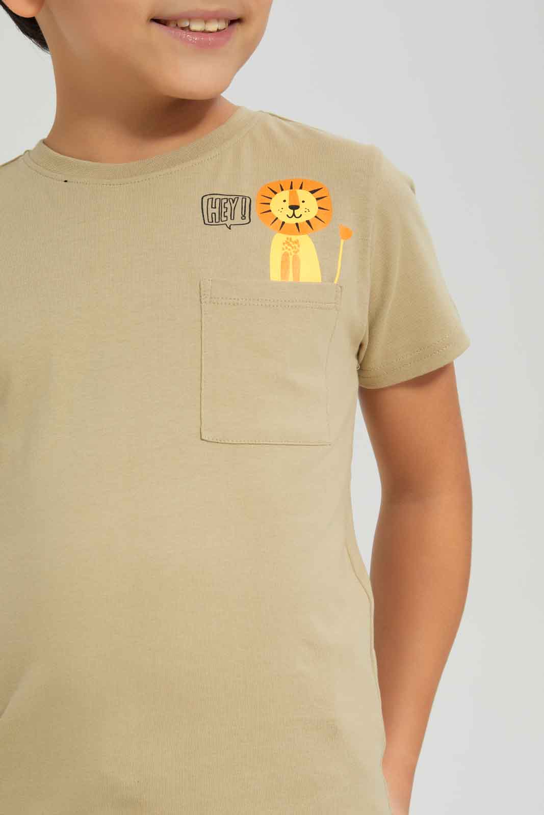 Redtag-Boys-Stone-Lion-Print-Pocket-Short-Sleeve-T-Shirt-BOY-T-Shirts,-Category:T-Shirts,-Colour:Beige,-Deals:New-In,-Dept:Boys,-Filter:Boys-(2-to-8-Yrs),-New-In-BOY-APL,-Non-Sale,-S23A,-Section:Boys-(0-to-14Yrs),-TBL-Boys-2 to 8 Years