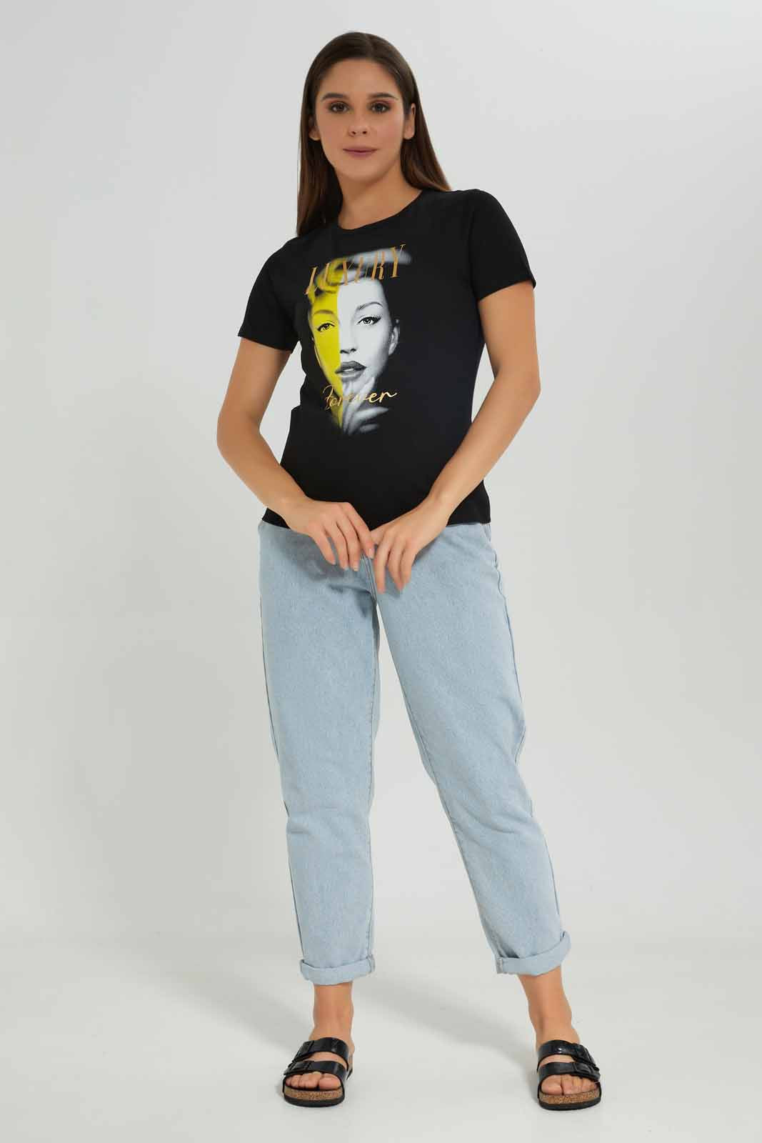 Redtag-Women-Black-Luxury-Forever-Printed-T-Shirt-Category:T-Shirts,-Colour:Black,-Deals:New-In,-Dept:Ladieswear,-Filter:Women's-Clothing,-New-In-Women-APL,-Non-Sale,-S23A,-Section:Women,-TBL,-Women-T-Shirts-Women's-