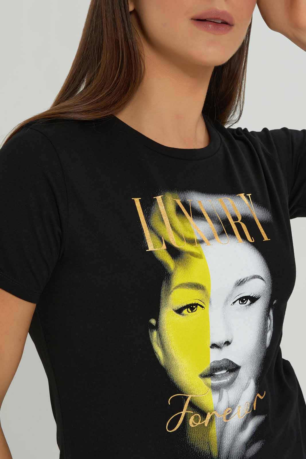 Redtag-Women-Black-Luxury-Forever-Printed-T-Shirt-Category:T-Shirts,-Colour:Black,-Deals:New-In,-Dept:Ladieswear,-Filter:Women's-Clothing,-New-In-Women-APL,-Non-Sale,-S23A,-Section:Women,-TBL,-Women-T-Shirts-Women's-