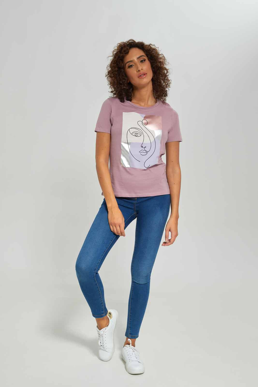 Redtag-Women-Mauve-Line-Art-Printed-T-Shirt-Category:T-Shirts,-Colour:Mauve,-Deals:New-In,-Dept:Ladieswear,-Filter:Women's-Clothing,-New-In-Women-APL,-Non-Sale,-S23A,-Section:Women,-TBL,-Women-T-Shirts-Women's-