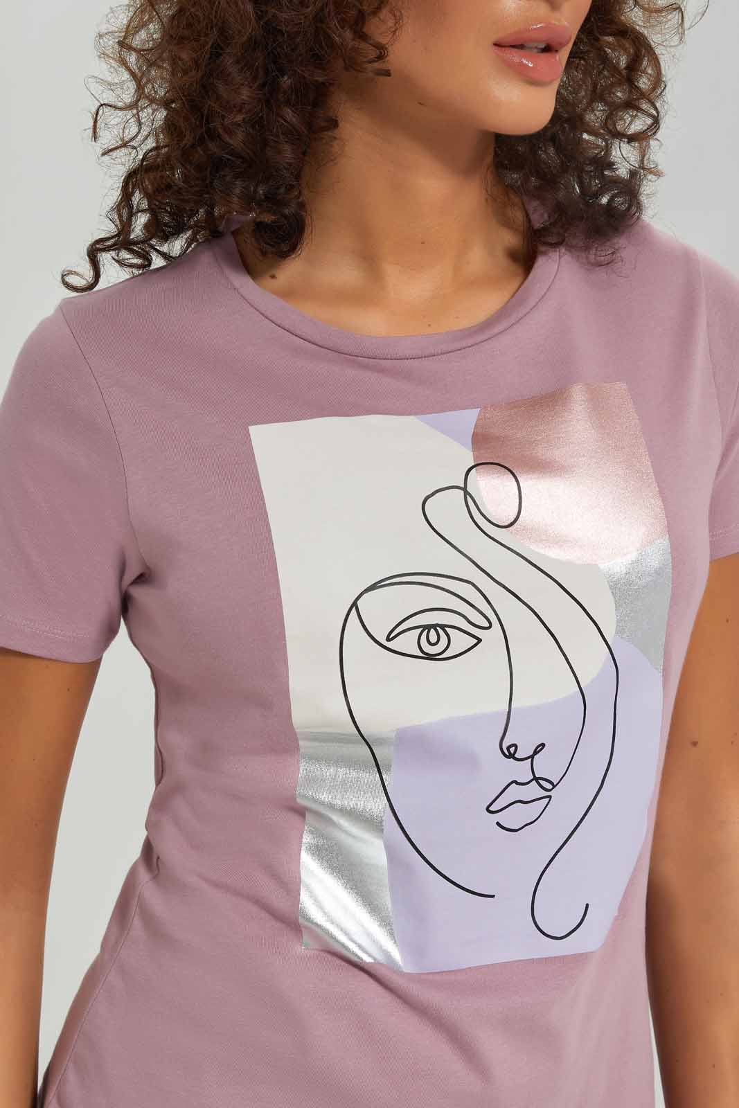 Redtag-Women-Mauve-Line-Art-Printed-T-Shirt-Category:T-Shirts,-Colour:Mauve,-Deals:New-In,-Dept:Ladieswear,-Filter:Women's-Clothing,-New-In-Women-APL,-Non-Sale,-S23A,-Section:Women,-TBL,-Women-T-Shirts-Women's-
