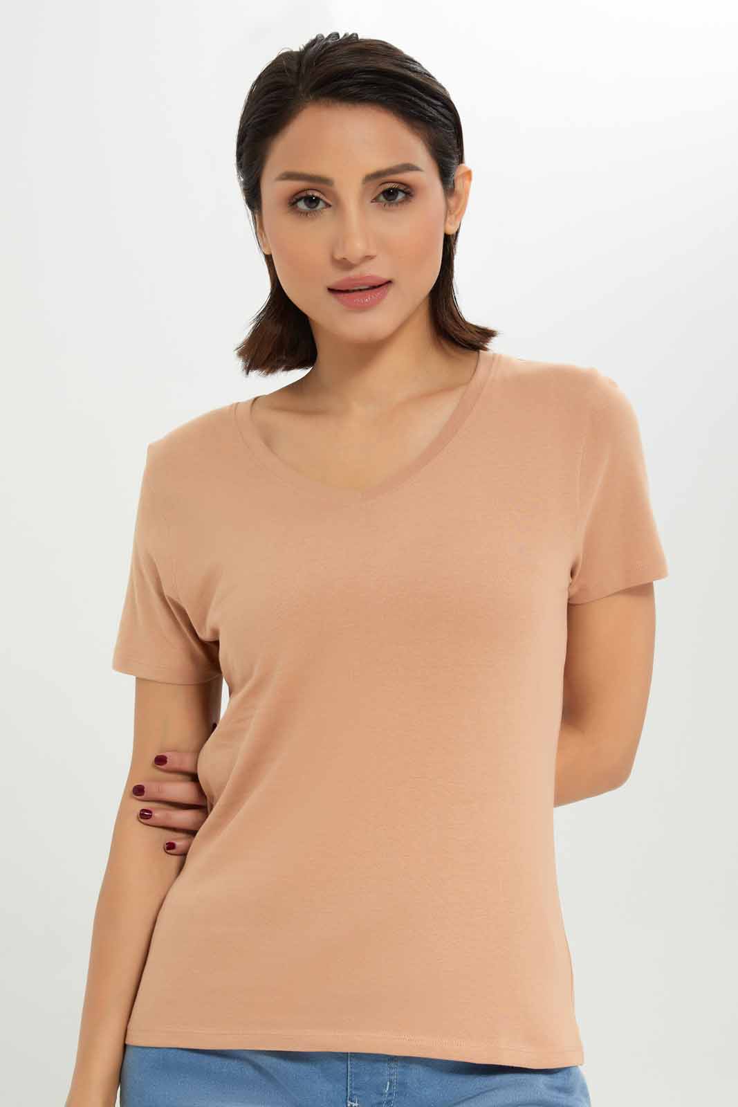 Redtag-Women-Brown-Short-Sleeve-V--Neck-T-Shirt-Category:T-Shirts,-Colour:Brown,-Deals:New-In,-Dept:Ladieswear,-Filter:Women's-Clothing,-New-In-Women-APL,-Non-Sale,-S23A,-Section:Women,-TBL,-Women-T-Shirts-Women's-