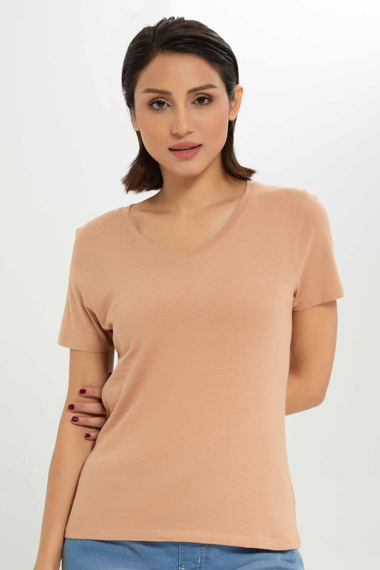 Redtag-Women-Brown-Short-Sleeve-V--Neck-T-Shirt-Category:T-Shirts,-Colour:Brown,-Deals:New-In,-Dept:Ladieswear,-Filter:Women's-Clothing,-New-In-Women-APL,-Non-Sale,-S23A,-Section:Women,-TBL,-Women-T-Shirts-Women's-