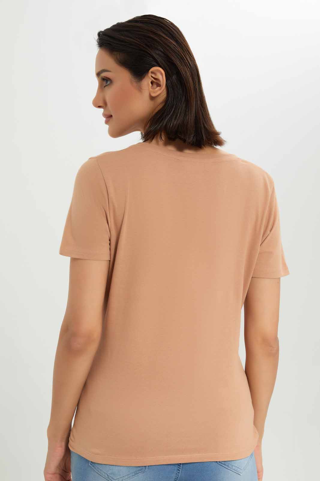 Redtag-Women-Brown-Short-Sleeve-V--Neck-T-Shirt-Category:T-Shirts,-Colour:Brown,-Deals:New-In,-Dept:Ladieswear,-Filter:Women's-Clothing,-New-In-Women-APL,-Non-Sale,-S23A,-Section:Women,-TBL,-Women-T-Shirts-Women's-