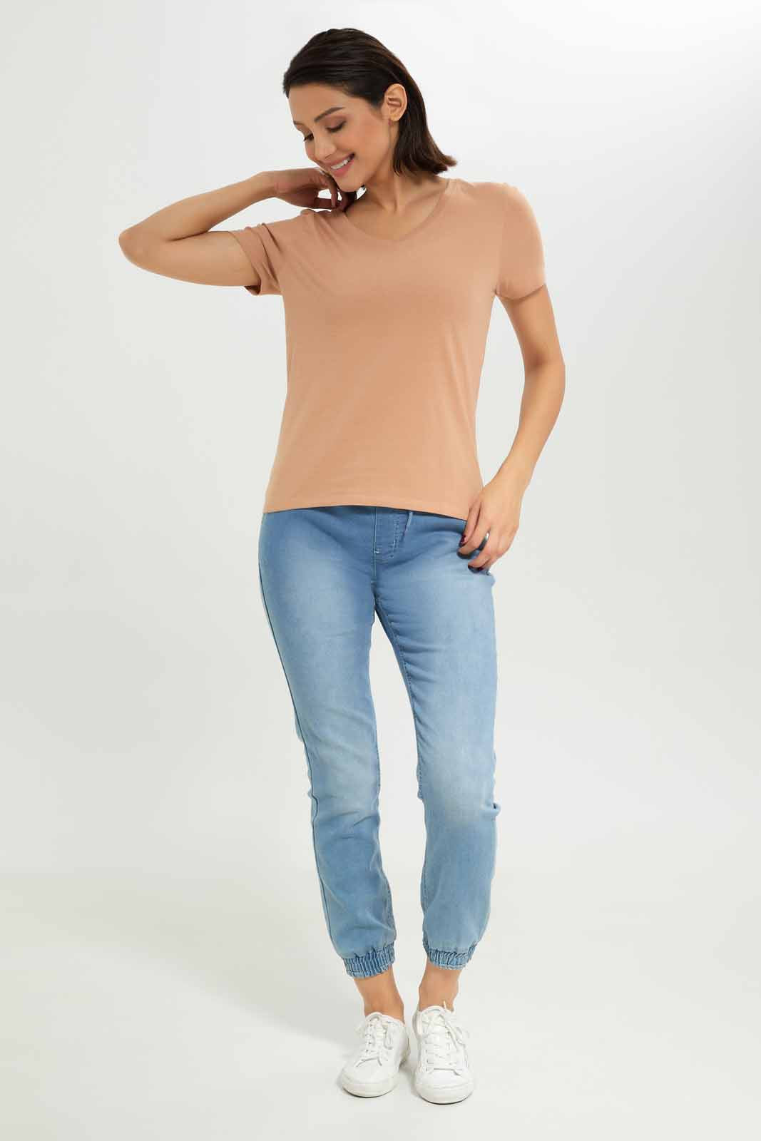 Redtag-Women-Brown-Short-Sleeve-V--Neck-T-Shirt-Category:T-Shirts,-Colour:Brown,-Deals:New-In,-Dept:Ladieswear,-Filter:Women's-Clothing,-New-In-Women-APL,-Non-Sale,-S23A,-Section:Women,-TBL,-Women-T-Shirts-Women's-
