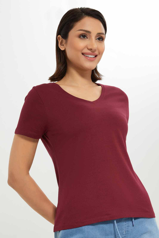 Redtag-Women-Burgundy-Short-Sleeve-V--Neck-T-Shirt-Category:T-Shirts,-Colour:Burgundy,-Deals:New-In,-Dept:Ladieswear,-Filter:Women's-Clothing,-New-In-Women-APL,-Non-Sale,-S23A,-Section:Women,-TBL,-Women-T-Shirts-Women's-