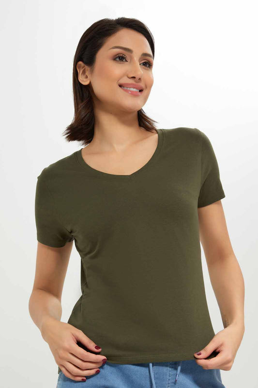Redtag-Women-Dark-Green-Short-Sleeve-V--Neck-T-Shirt-Category:T-Shirts,-Colour:Olive,-Deals:New-In,-Dept:Ladieswear,-Filter:Women's-Clothing,-New-In-Women-APL,-Non-Sale,-S23A,-Section:Women,-TBL,-Women-T-Shirts-Women's-