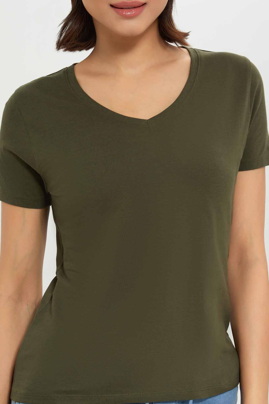 Redtag-Women-Dark-Green-Short-Sleeve-V--Neck-T-Shirt-Category:T-Shirts,-Colour:Olive,-Deals:New-In,-Dept:Ladieswear,-Filter:Women's-Clothing,-New-In-Women-APL,-Non-Sale,-S23A,-Section:Women,-TBL,-Women-T-Shirts-Women's-