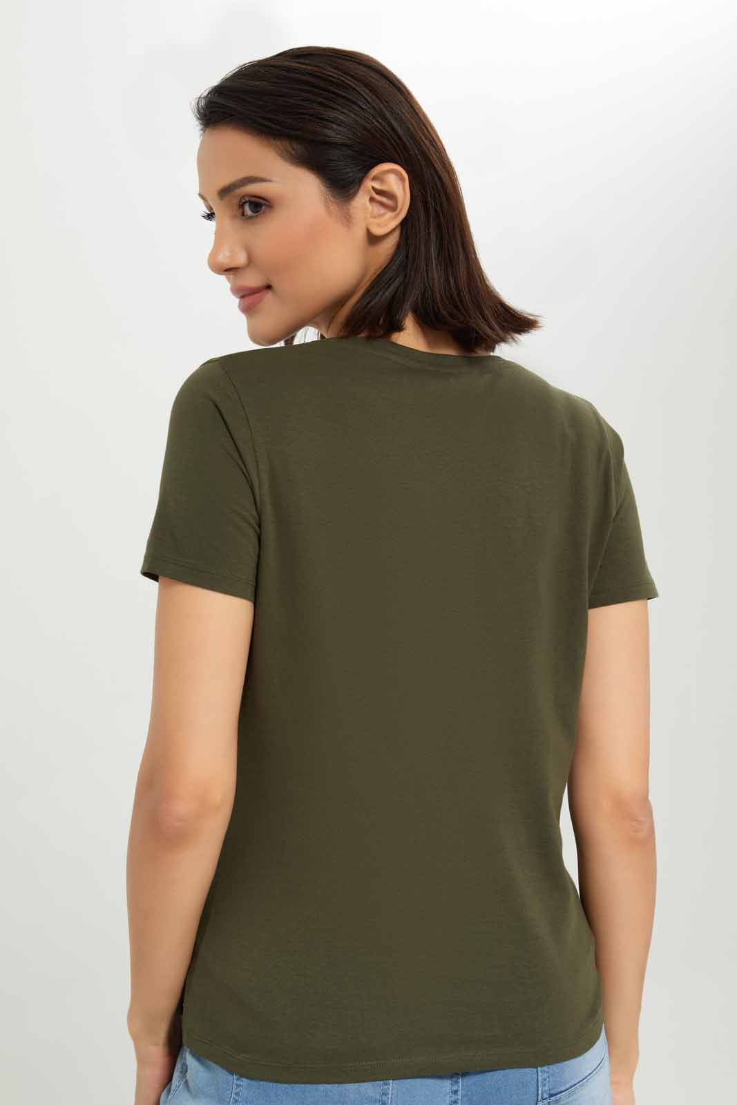 Redtag-Women-Dark-Green-Short-Sleeve-V--Neck-T-Shirt-Category:T-Shirts,-Colour:Olive,-Deals:New-In,-Dept:Ladieswear,-Filter:Women's-Clothing,-New-In-Women-APL,-Non-Sale,-S23A,-Section:Women,-TBL,-Women-T-Shirts-Women's-