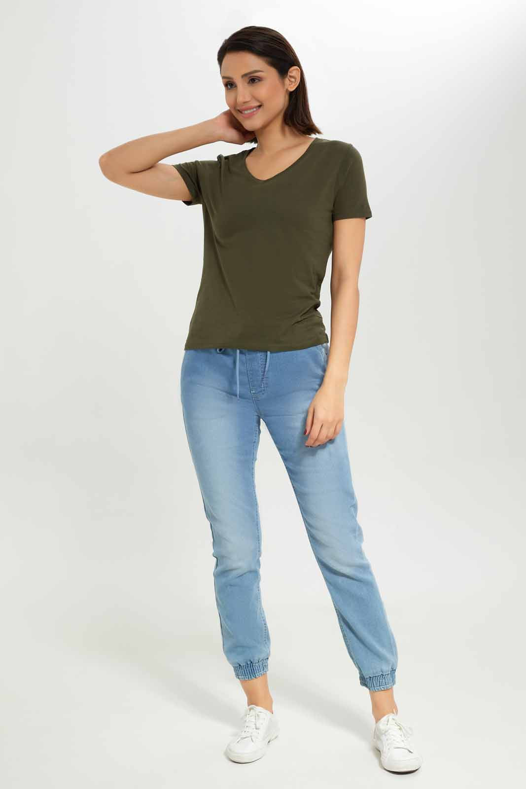 Redtag-Women-Dark-Green-Short-Sleeve-V--Neck-T-Shirt-Category:T-Shirts,-Colour:Olive,-Deals:New-In,-Dept:Ladieswear,-Filter:Women's-Clothing,-New-In-Women-APL,-Non-Sale,-S23A,-Section:Women,-TBL,-Women-T-Shirts-Women's-