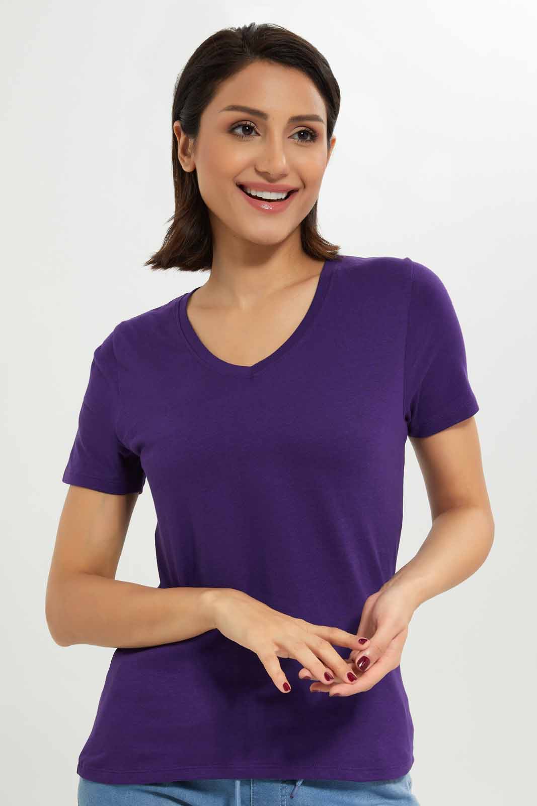 Redtag-Women-Purple-Short-Sleeve-V--Neck-T-Shirt-Category:T-Shirts,-Colour:Purple,-Deals:New-In,-Dept:Ladieswear,-Filter:Women's-Clothing,-New-In-Women-APL,-Non-Sale,-S23A,-Section:Women,-TBL,-Women-T-Shirts-Women's-