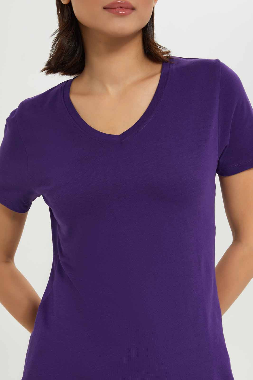 Redtag-Women-Purple-Short-Sleeve-V--Neck-T-Shirt-Category:T-Shirts,-Colour:Purple,-Deals:New-In,-Dept:Ladieswear,-Filter:Women's-Clothing,-New-In-Women-APL,-Non-Sale,-S23A,-Section:Women,-TBL,-Women-T-Shirts-Women's-