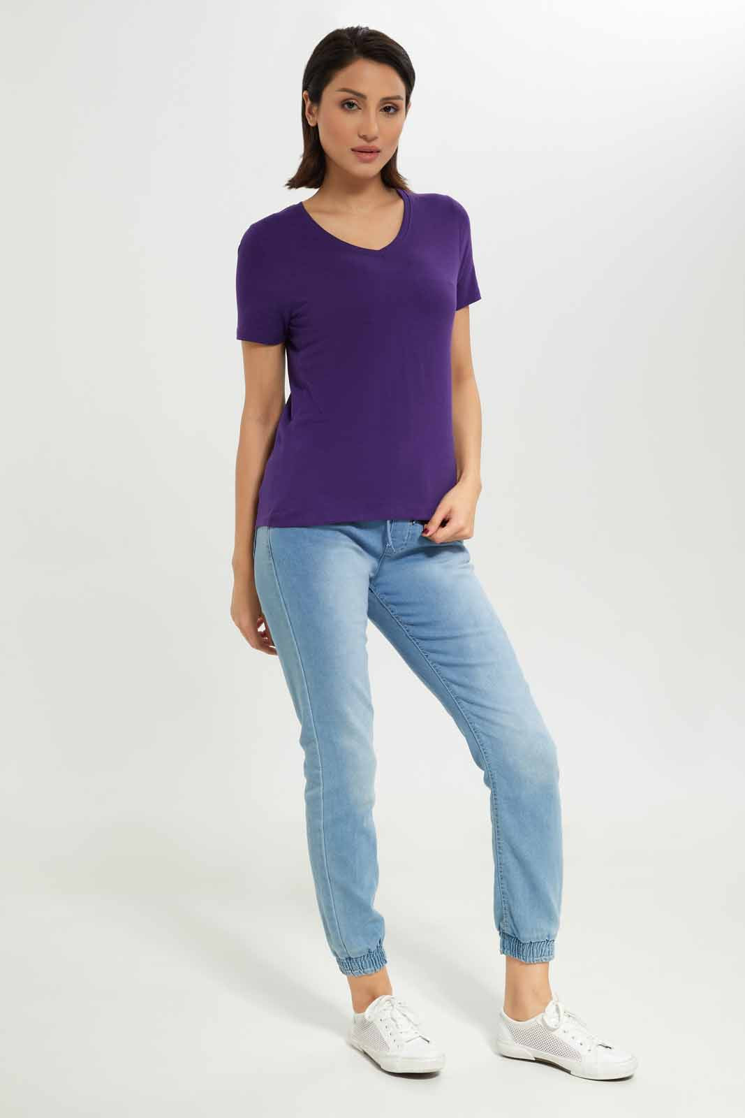 Redtag-Women-Purple-Short-Sleeve-V--Neck-T-Shirt-Category:T-Shirts,-Colour:Purple,-Deals:New-In,-Dept:Ladieswear,-Filter:Women's-Clothing,-New-In-Women-APL,-Non-Sale,-S23A,-Section:Women,-TBL,-Women-T-Shirts-Women's-