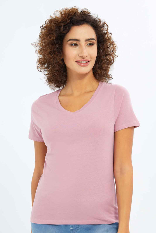 Redtag-Women-Pink-Short-Sleeve-V--Neck-T-Shirt-Category:T-Shirts,-Colour:Apricot,-Deals:New-In,-Dept:Ladieswear,-Filter:Women's-Clothing,-New-In-Women-APL,-Non-Sale,-S23A,-Section:Women,-TBL,-Women-T-Shirts-Women's-