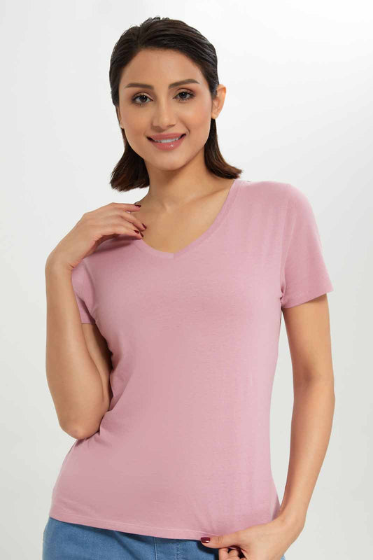 Redtag-Women-Mauve-Short-Sleeve-V--Neck-T-Shirt-Category:T-Shirts,-Colour:Mauve,-Deals:New-In,-Dept:Ladieswear,-Filter:Women's-Clothing,-New-In-Women-APL,-Non-Sale,-S23A,-Section:Women,-TBL,-Women-T-Shirts-Women's-