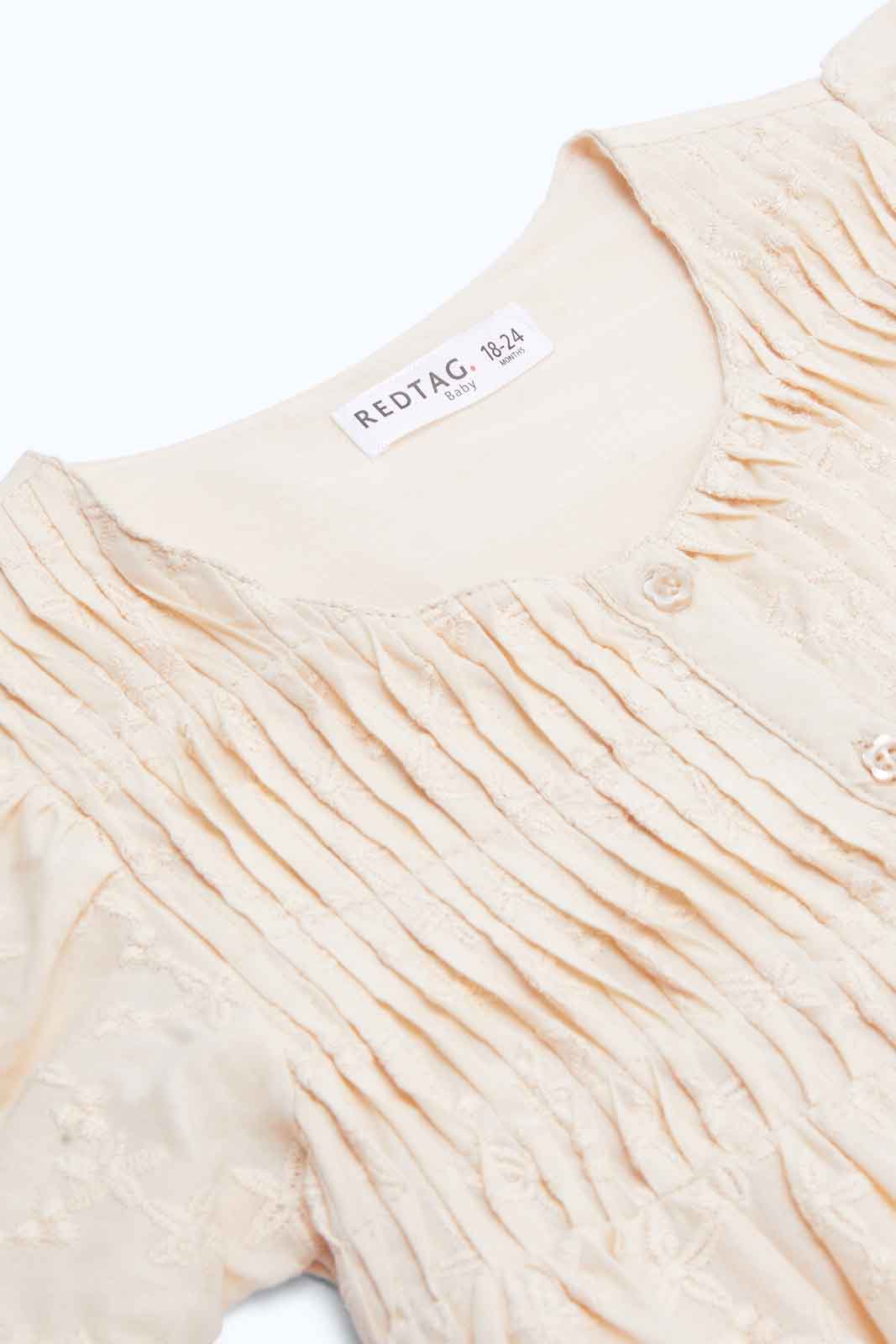 Redtag-Girls-Beige-Pintuk-Yoke-Dress-Category:Dresses,-Colour:Beige,-Deals:New-In,-Dept:Girls,-Filter:Infant-Girls-(3-to-24-Mths),-ING-Dresses,-New-In-ING-APL,-Non-Sale,-S23B,-Section:Girls-(0-to-14Yrs)-Infant-Girls-3 to 24 Months