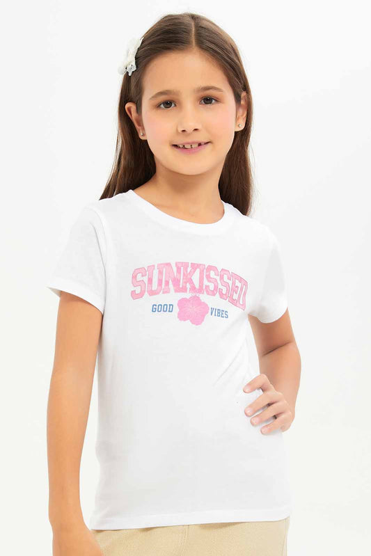 Redtag-Girls-Whiet-Graphic-Tee-Category:T-Shirts,-Colour:White,-Deals:New-In,-Dept:Girls,-Filter:Girls-(2-to-8-Yrs),-GIR-T-Shirts,-New-In-GIR-APL,-Non-Sale,-S23A,-Section:Girls-(0-to-14Yrs),-TBL-Girls-2 to 8 Years