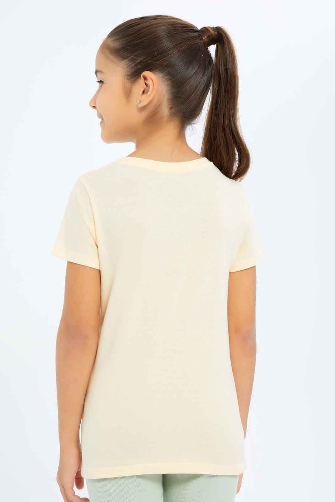 Redtag-Girls-Beige-Graphic-Tee-Category:T-Shirts,-Colour:Beige,-Deals:New-In,-Dept:Girls,-Filter:Girls-(2-to-8-Yrs),-GIR-T-Shirts,-New-In-GIR-APL,-Non-Sale,-S23A,-Section:Girls-(0-to-14Yrs),-TBL-Girls-2 to 8 Years