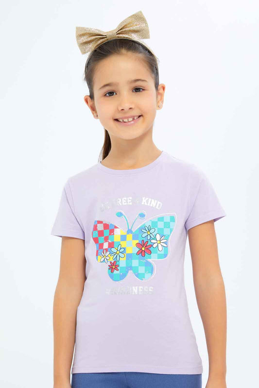 Redtag-Girls-Lilac-Graphic-Tee-Category:T-Shirts,-Colour:Lilac,-Deals:New-In,-Dept:Girls,-Filter:Girls-(2-to-8-Yrs),-GIR-T-Shirts,-New-In-GIR-APL,-Non-Sale,-S23A,-Section:Girls-(0-to-14Yrs),-TBL-Girls-2 to 8 Years