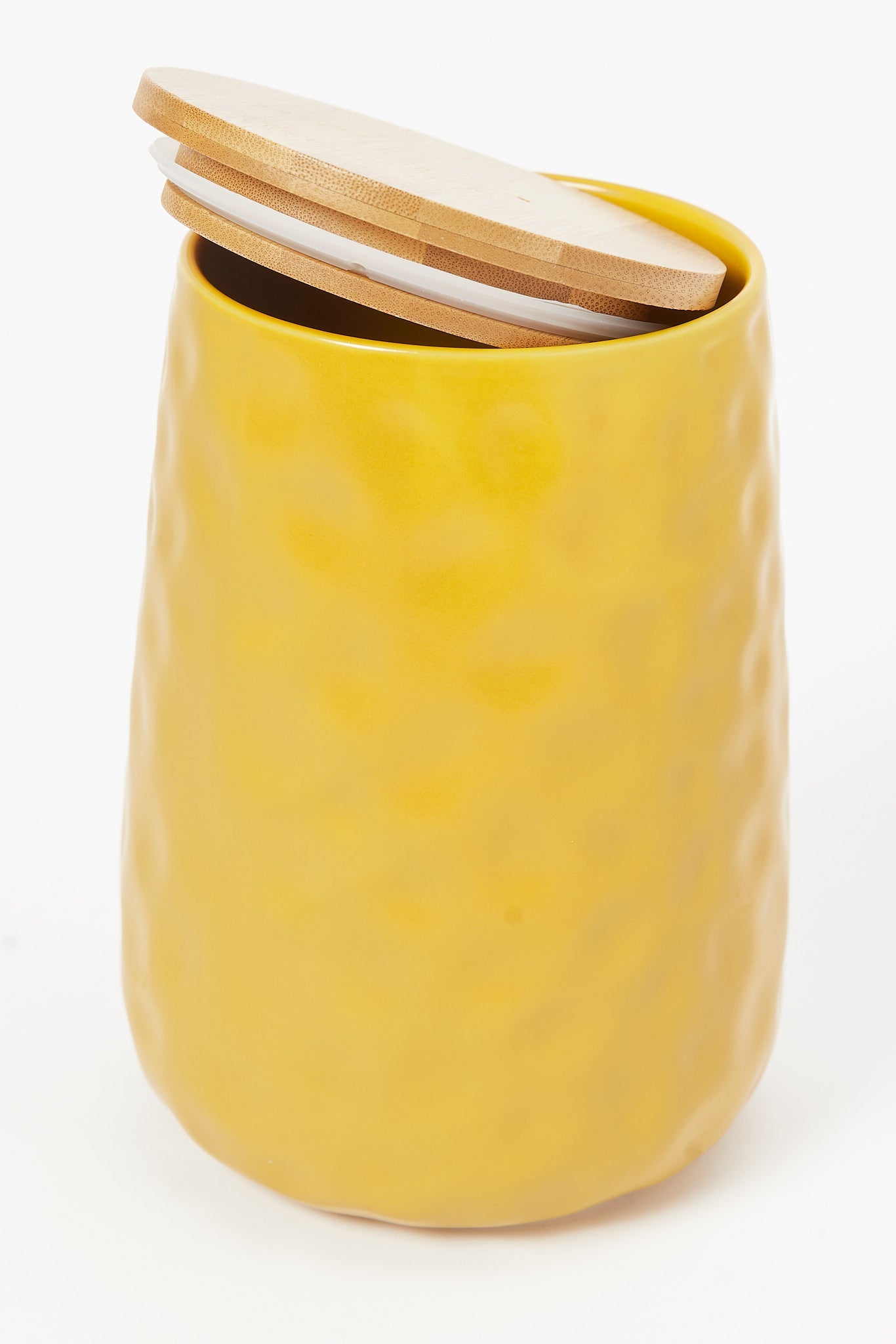 Redtag-Yellow-Embossed-Canister-With-Bamboo-Lid-(Large)-Category:Canisters-And-Jars,-Colour:Yellow,-Deals:New-In,-Dept:Home,-Filter:Home-Dining,-HMW-DIN-Storage,-New-In-HMW-DIN,-Non-Sale,-S23B,-Section:Homewares-Home-Dining-