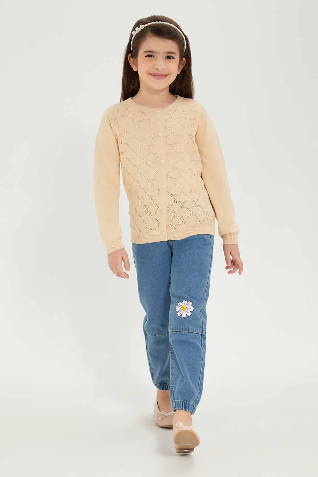 Redtag-Girls-Beige-Jacquard-Cardigan-Category:Cardigans,-Colour:Beige,-Deals:New-In,-Dept:Girls,-Filter:Girls-(2-to-8-Yrs),-GIR-Cardigans,-New-In-GIR-APL,-Non-Sale,-S23A,-Section:Girls-(0-to-14Yrs)-Girls-