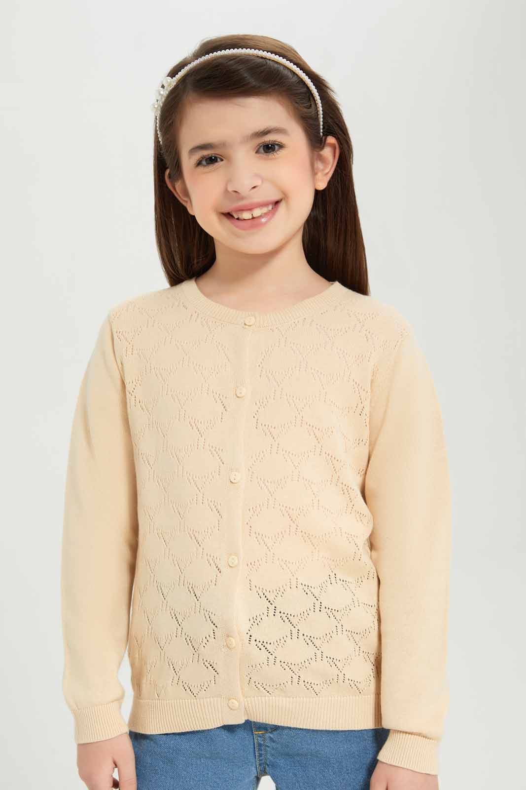 Redtag-Girls-Beige-Jacquard-Cardigan-Category:Cardigans,-Colour:Beige,-Deals:New-In,-Dept:Girls,-Filter:Girls-(2-to-8-Yrs),-GIR-Cardigans,-New-In-GIR-APL,-Non-Sale,-S23A,-Section:Girls-(0-to-14Yrs)-Girls-