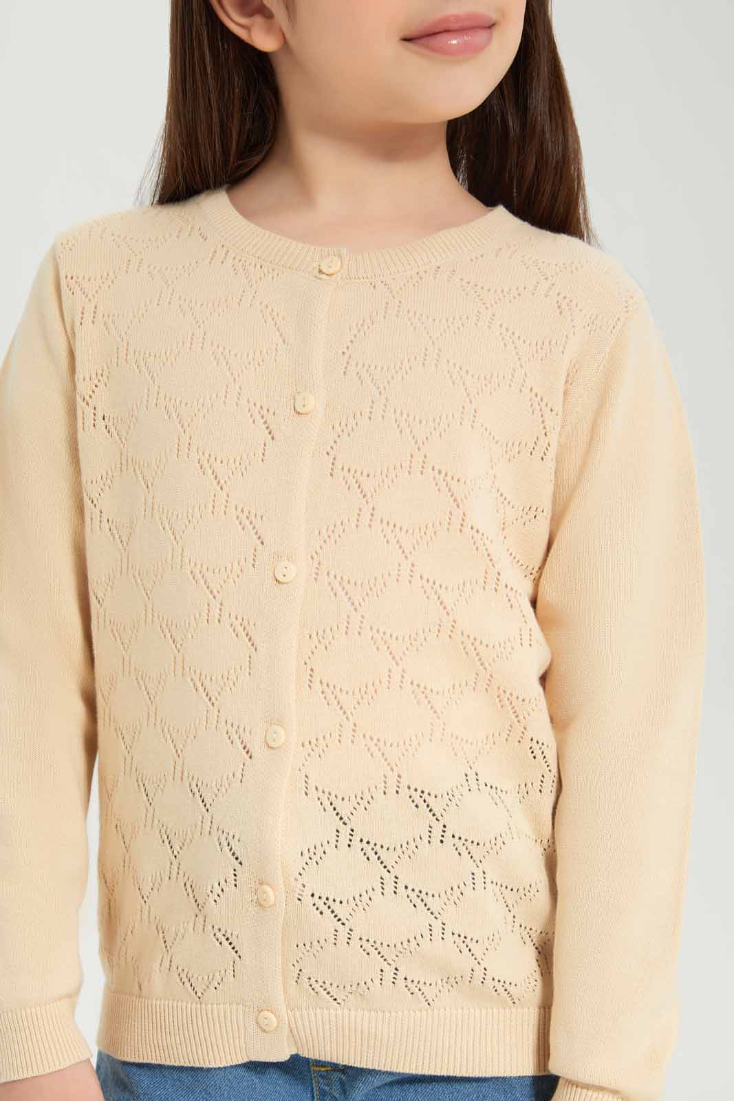 Redtag-Girls-Beige-Jacquard-Cardigan-Category:Cardigans,-Colour:Beige,-Deals:New-In,-Dept:Girls,-Filter:Girls-(2-to-8-Yrs),-GIR-Cardigans,-New-In-GIR-APL,-Non-Sale,-S23A,-Section:Girls-(0-to-14Yrs)-Girls-