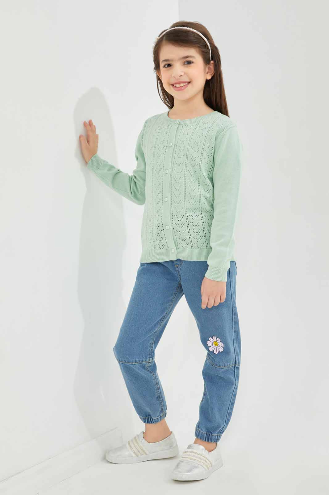 Redtag-Girls-Green-Jacquard-Cardigan-Category:Cardigans,-Colour:Green,-Deals:New-In,-Dept:Girls,-Filter:Girls-(2-to-8-Yrs),-GIR-Cardigans,-New-In-GIR-APL,-Non-Sale,-S23A,-Section:Girls-(0-to-14Yrs)-Girls-
