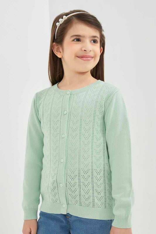 Redtag-Girls-Green-Jacquard-Cardigan-Category:Cardigans,-Colour:Green,-Deals:New-In,-Dept:Girls,-Filter:Girls-(2-to-8-Yrs),-GIR-Cardigans,-New-In-GIR-APL,-Non-Sale,-S23A,-Section:Girls-(0-to-14Yrs)-Girls-