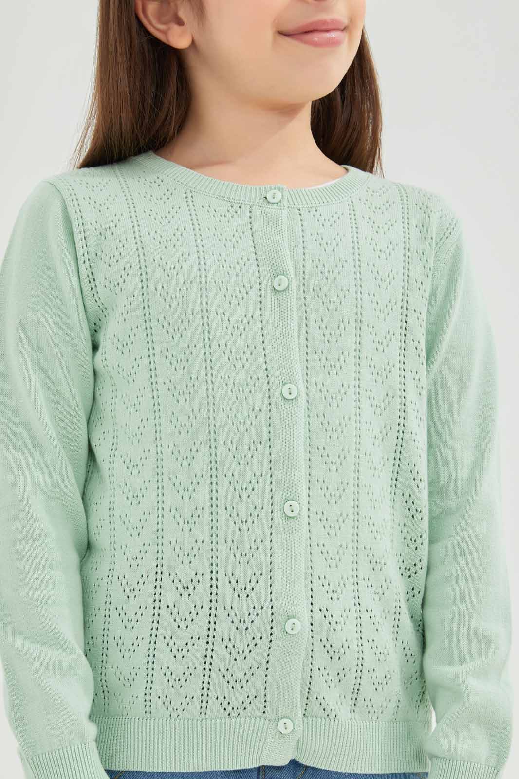 Redtag-Girls-Green-Jacquard-Cardigan-Category:Cardigans,-Colour:Green,-Deals:New-In,-Dept:Girls,-Filter:Girls-(2-to-8-Yrs),-GIR-Cardigans,-New-In-GIR-APL,-Non-Sale,-S23A,-Section:Girls-(0-to-14Yrs)-Girls-