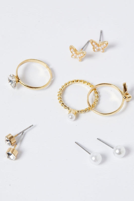 Girls Gold Studs And Rings (6 Piece)