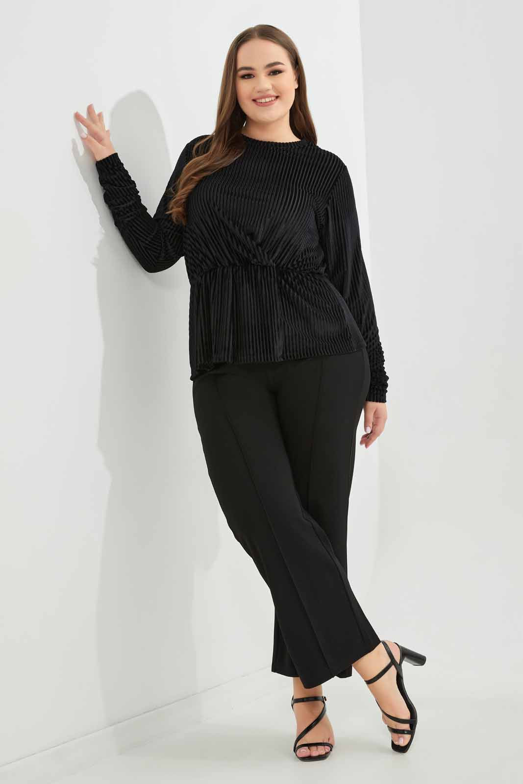Redtag-Women-Black-Velour-Peplum-Top-Category:Blouses,-Colour:Black,-Deals:New-In,-Dept:Ladieswear,-Filter:Plus-Size,-LDP-Blouses,-New-In-LDP-APL,-Non-Sale,-S23A,-Section:Women-Women's-