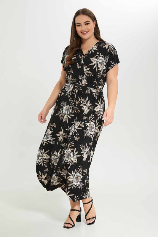 Redtag-Women-Black-Floral-Waist-Drwstring-Knitted-Maxi-Dress-Category:Dresses,-Colour:Assorted,-Deals:New-In,-Dept:Ladieswear,-Filter:Plus-Size,-LDP-Dresses,-New-In-LDP-APL,-Non-Sale,-S23A,-Section:Women-Women's-