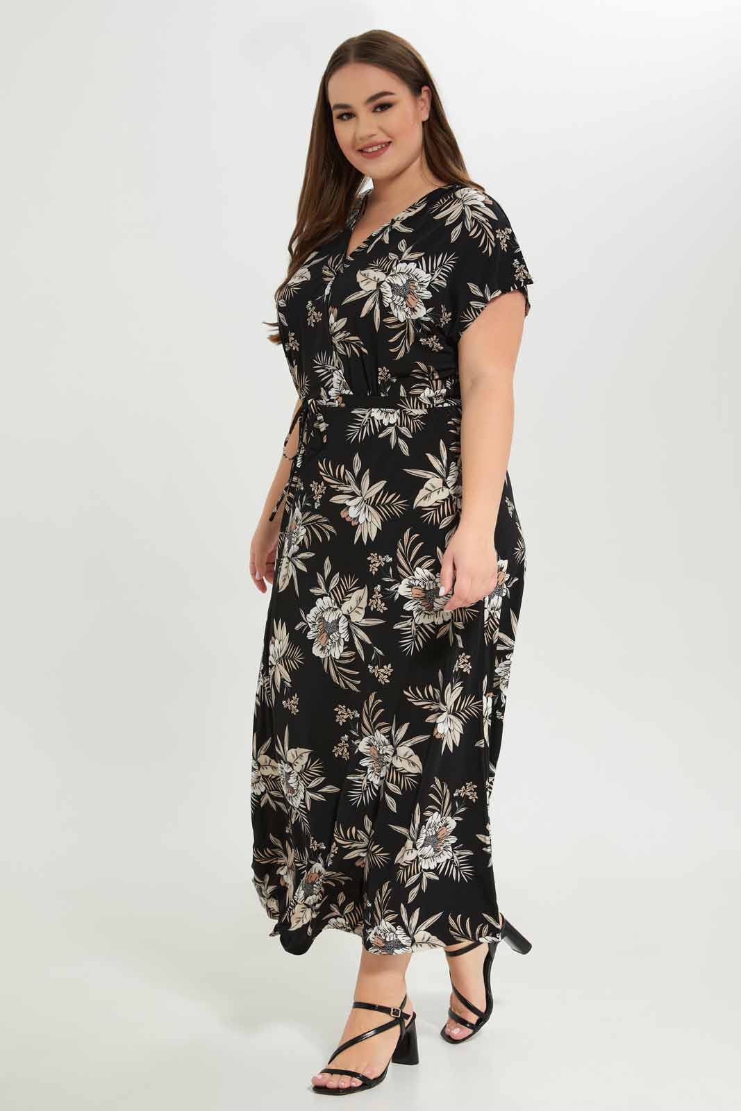 Redtag-Women-Black-Floral-Waist-Drwstring-Knitted-Maxi-Dress-Category:Dresses,-Colour:Assorted,-Deals:New-In,-Dept:Ladieswear,-Filter:Plus-Size,-LDP-Dresses,-New-In-LDP-APL,-Non-Sale,-S23A,-Section:Women-Women's-