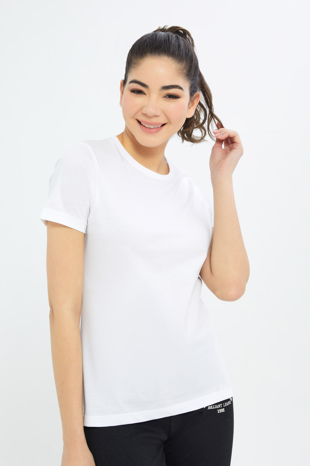 Redtag-Women-White-Short-Sleeve-Crew-Neck-T-Shirt-BASICS,-Category:T-Shirts,-Colour:White,-Deals:New-In,-Dept:Ladieswear,-Filter:Women's-Clothing,-H1:LWR,-H2:LAD,-H3:TSH,-H4:CAT,-New-In-Women-APL,-Non-Sale,-S23A,-Season:S23B,-Section:Women,-TBL,-Women-T-Shirts-Women's-