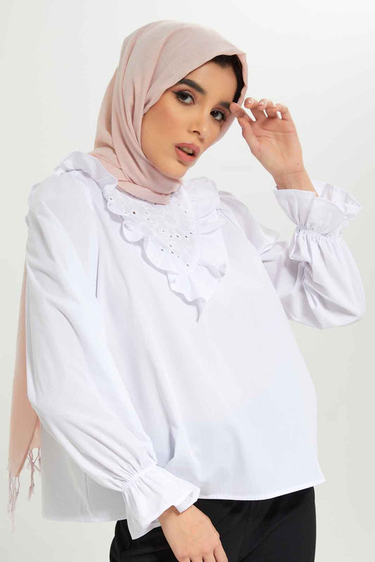 Redtag-Women-White-Lace-Yoke-Detail-Blouse-Category:Blouses,-Colour:White,-Deals:New-In,-Dept:Ladieswear,-Filter:Women's-Clothing,-LMC,-New-In-Women-APL,-Non-Sale,-S23A,-Section:Women,-Women-Blouses--